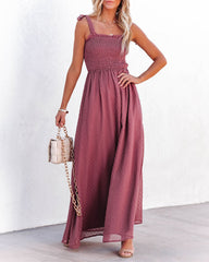 Hazelle Smocked Swiss Dot Maxi Dress - Dark Mauve Ins Street