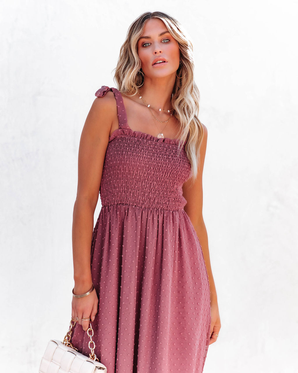 Hazelle Smocked Swiss Dot Maxi Dress - Dark Mauve Ins Street