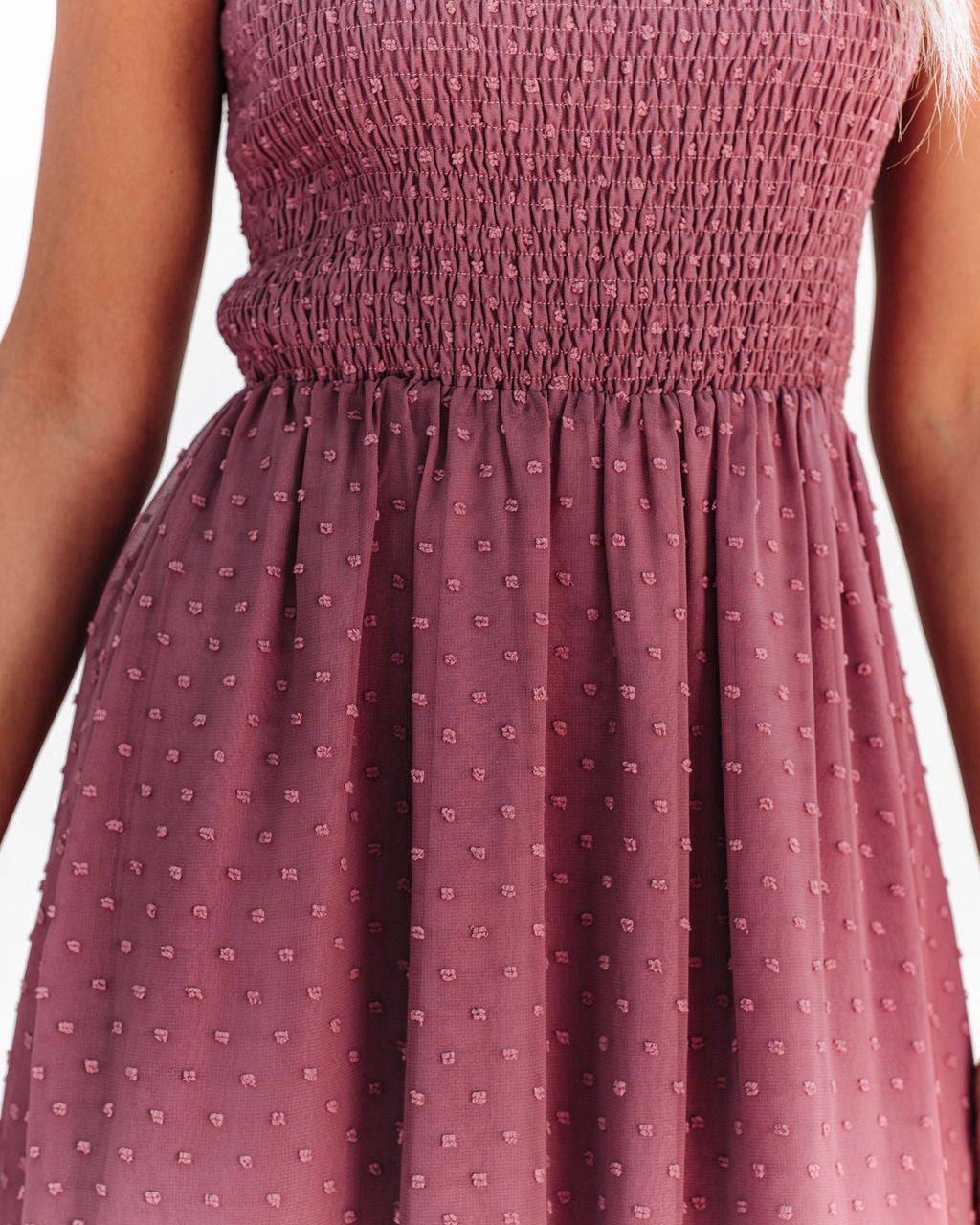 Hazelle Smocked Swiss Dot Maxi Dress - Dark Mauve Ins Street