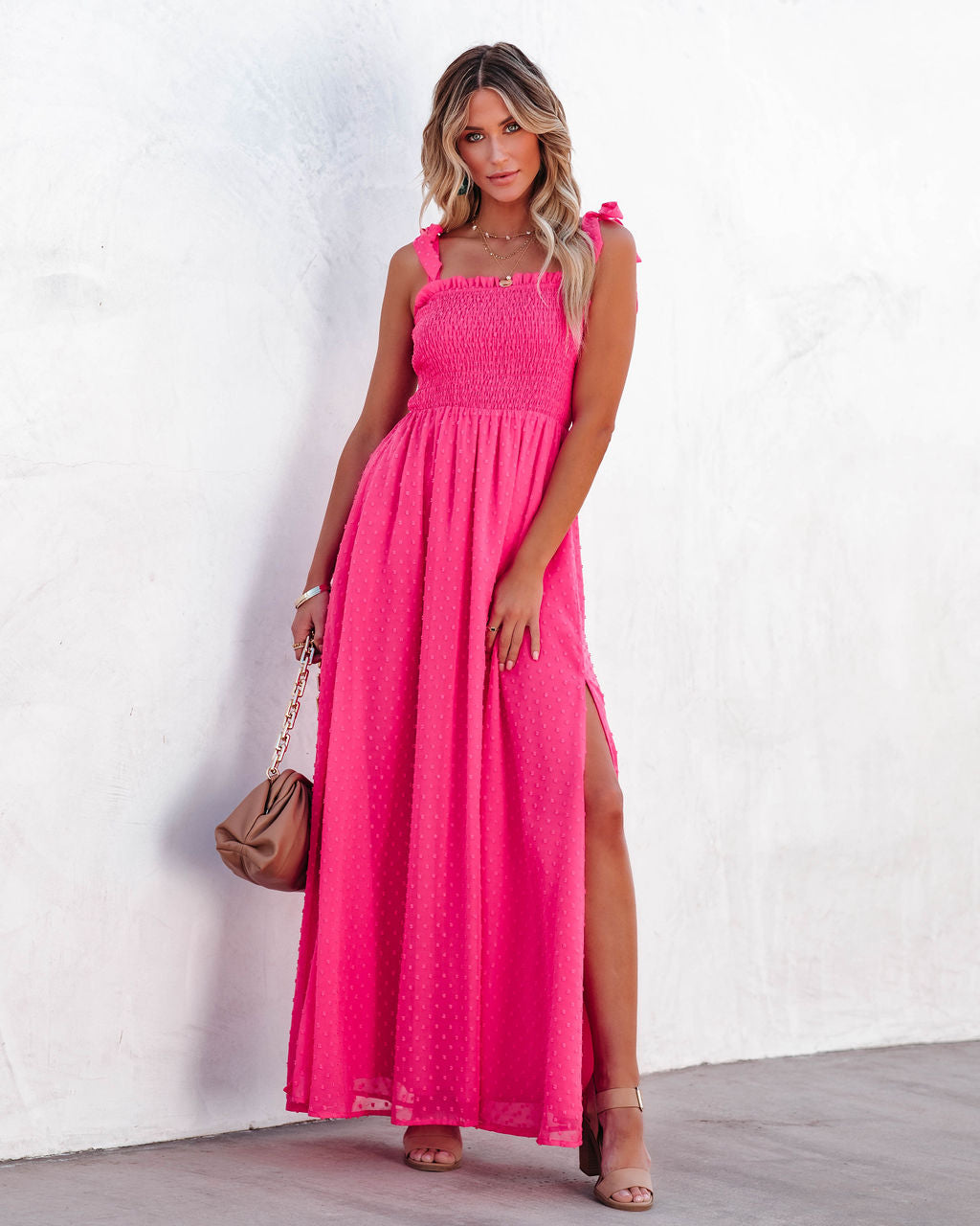 Hazelle Smocked Swiss Dot Maxi Dress - Fuchsia Ins Street