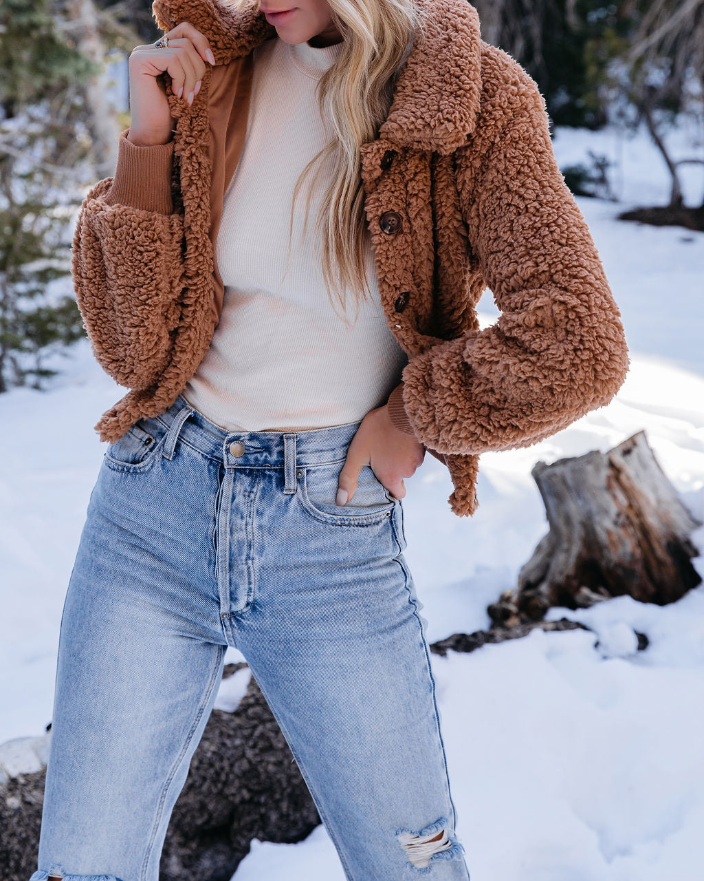 Hazley Cropped Button Down Sherpa Jacket - Camel - FINAL SALE Ins Street