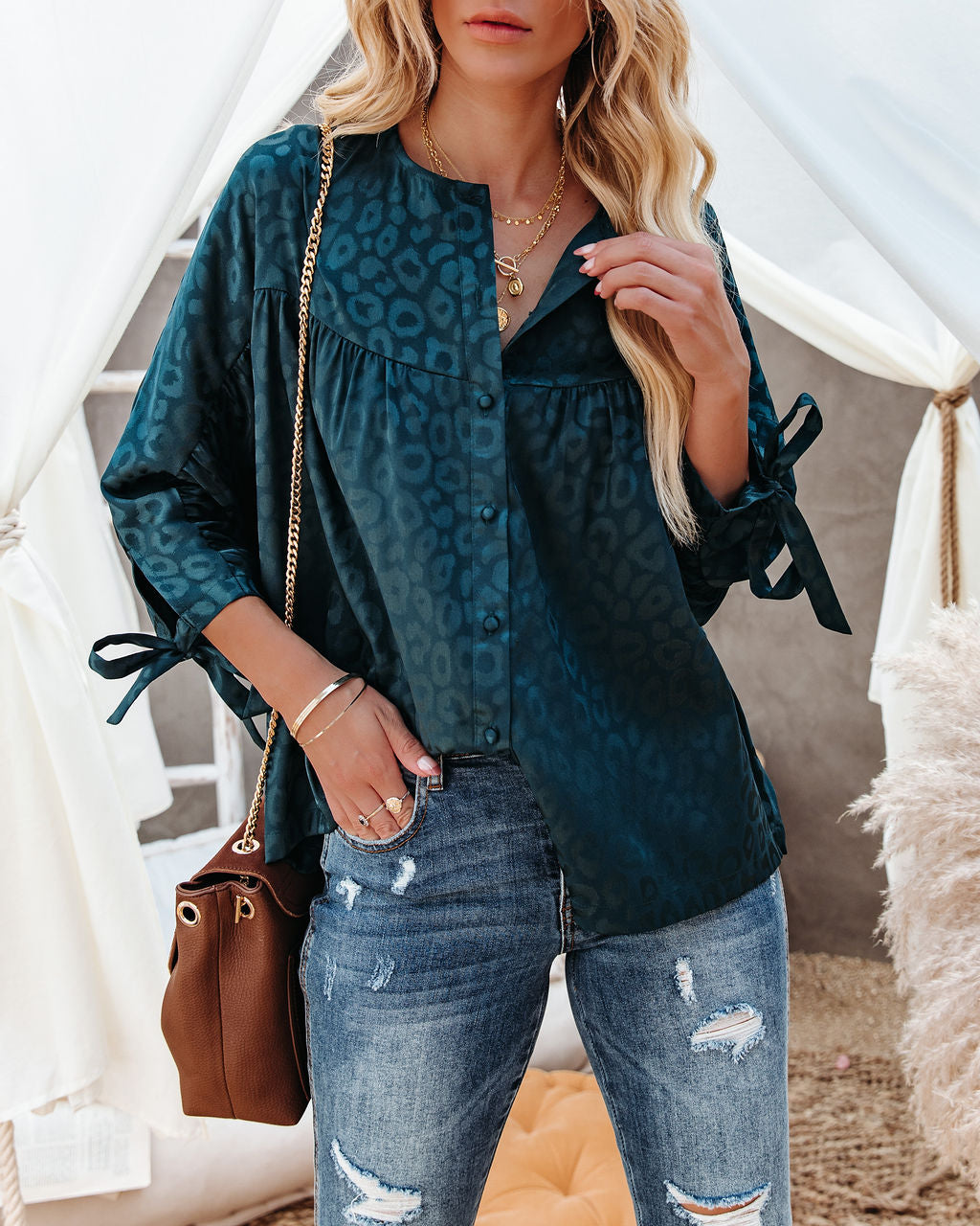 Hint Satin Leopard Embossed Dolman Blouse - Forest Green - FINAL SALE Ins Street