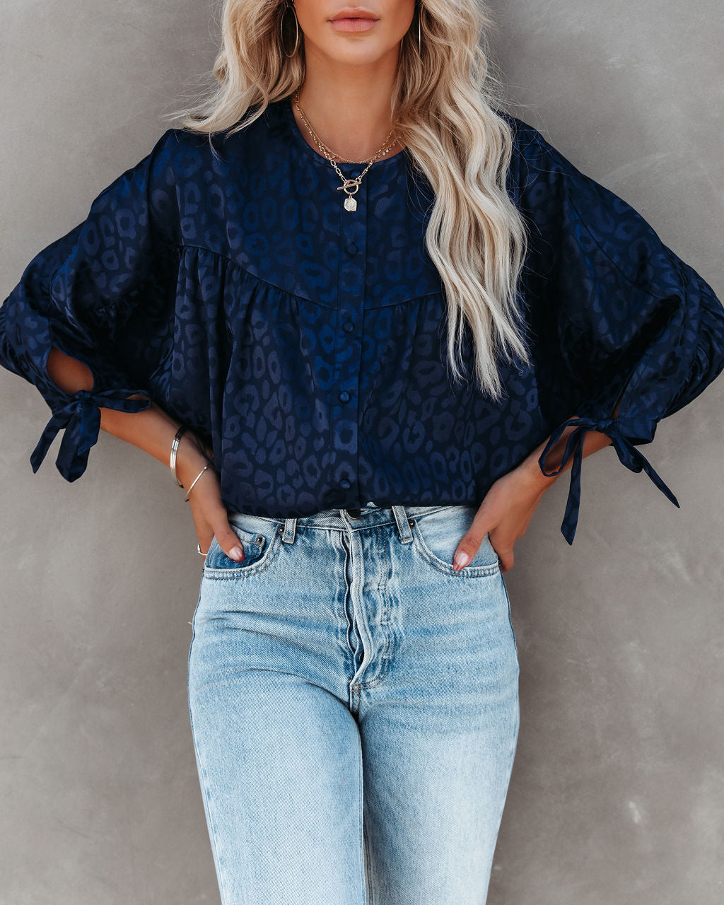 Hint Satin Leopard Embossed Dolman Blouse - Navy - FINAL SALE Ins Street