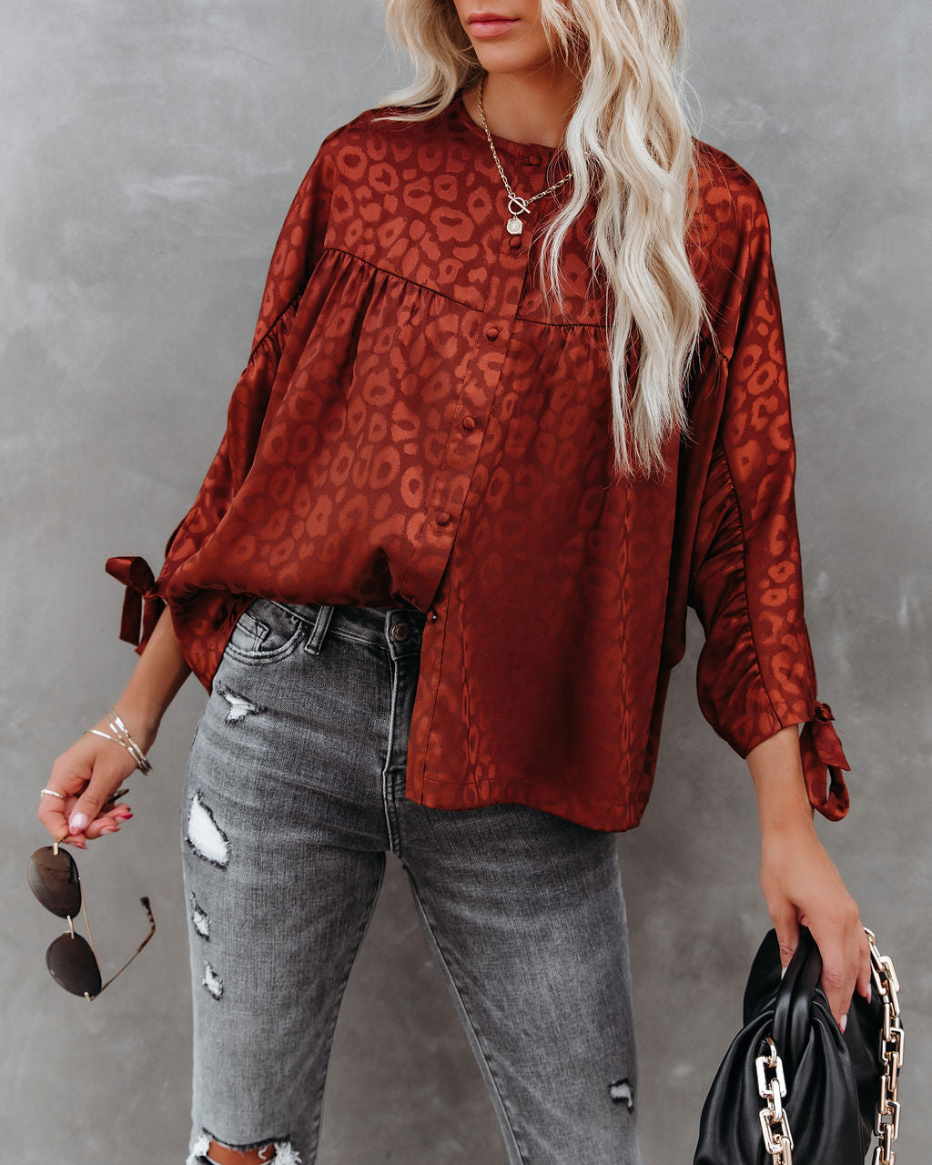 Hint Satin Leopard Embossed Dolman Blouse - Rust - FINAL SALE Ins Street