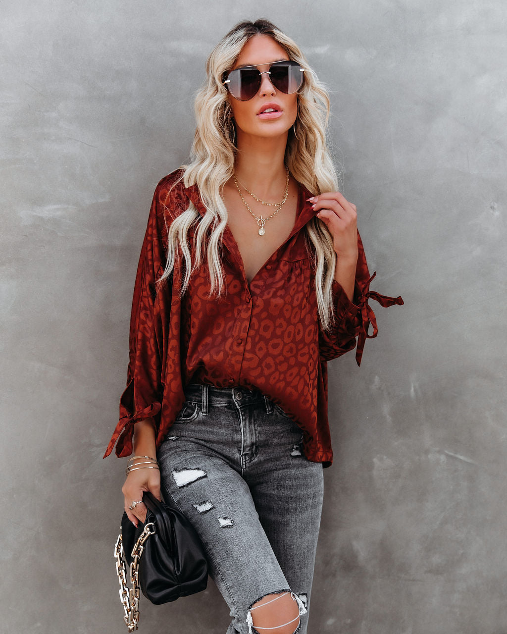 Hint Satin Leopard Embossed Dolman Blouse - Rust - FINAL SALE Ins Street