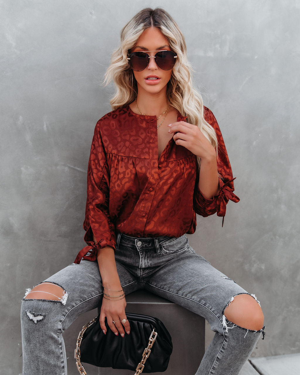 Hint Satin Leopard Embossed Dolman Blouse - Rust - FINAL SALE Ins Street