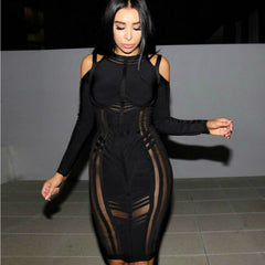 Strappy Long Sleeve Sidestripe Over Knee Bandage Dress Ins Street