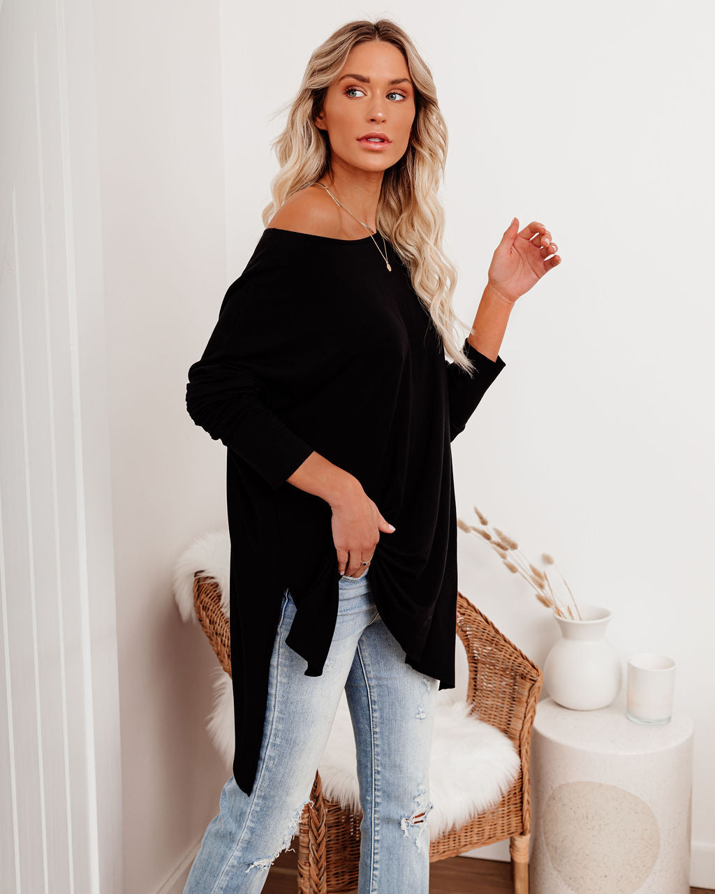 Holiday Weekend Cotton Long Sleeve Tunic - Black Ins Street