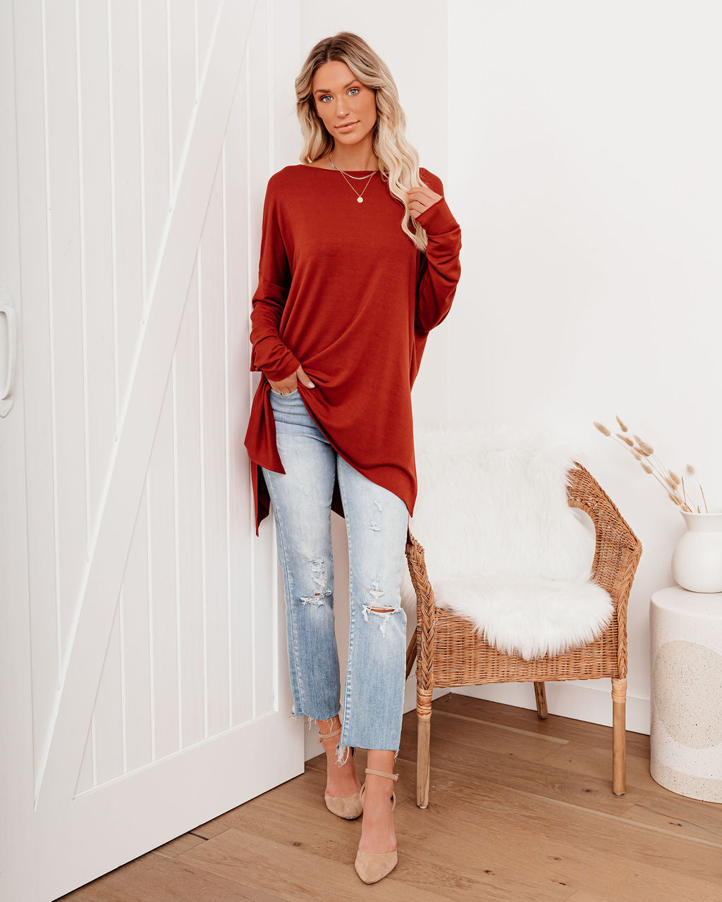 Holiday Weekend Cotton Long Sleeve Tunic - Brick - FINAL SALE Ins Street