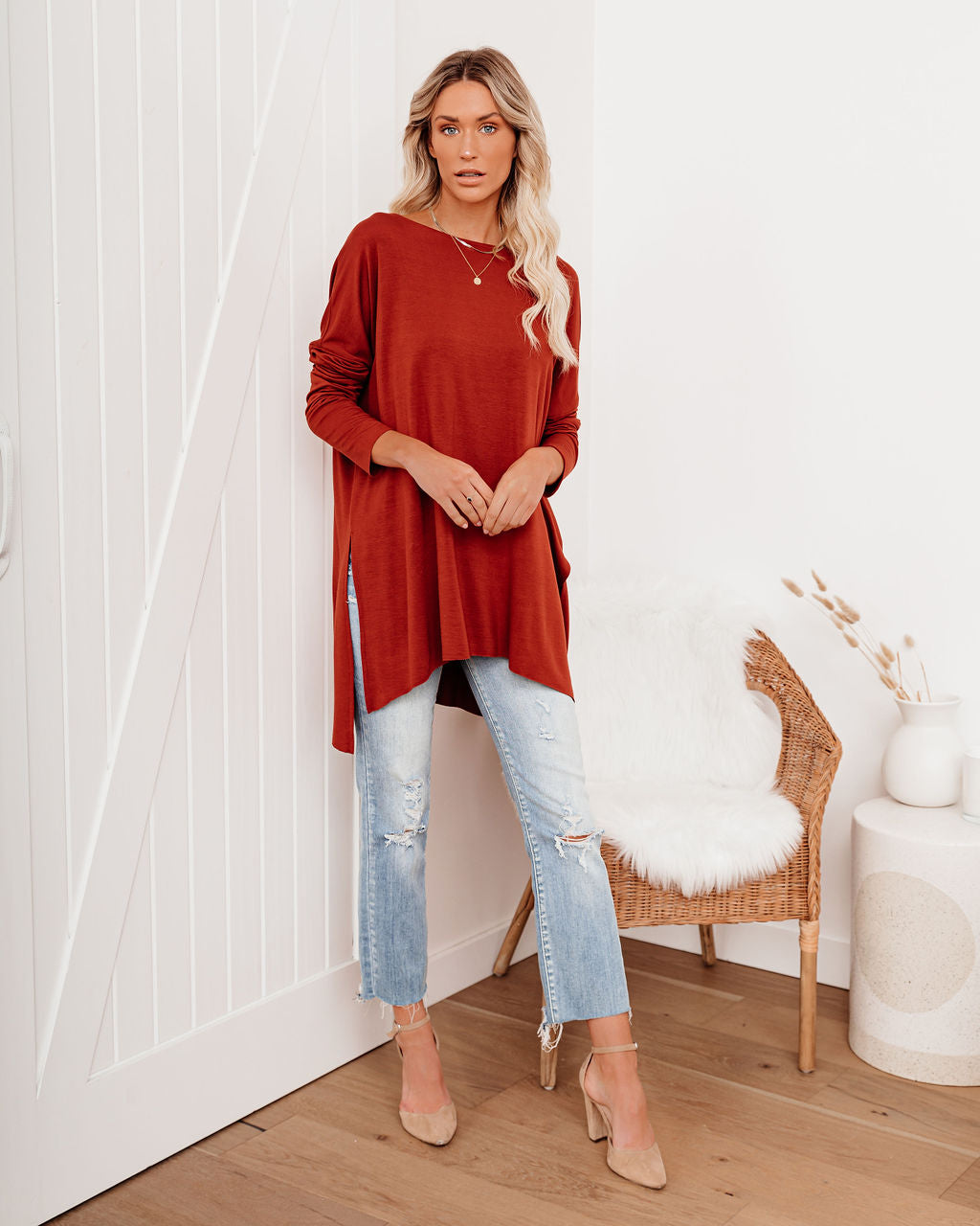 Holiday Weekend Cotton Long Sleeve Tunic - Brick - FINAL SALE Ins Street