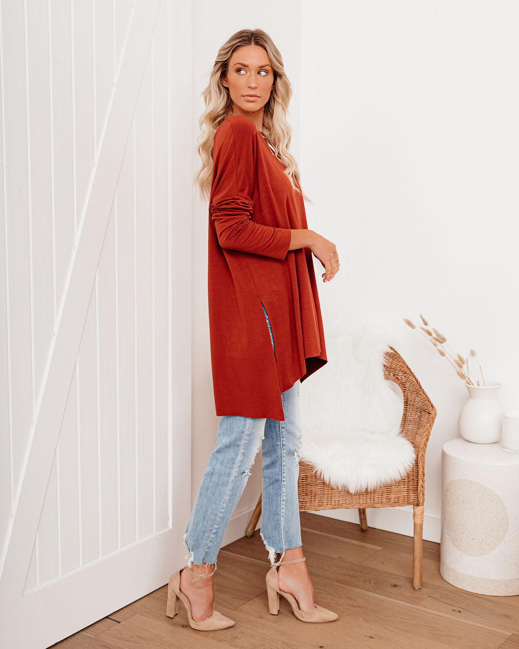 Holiday Weekend Cotton Long Sleeve Tunic - Brick - FINAL SALE Ins Street