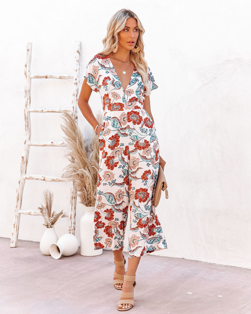 Hollow Floral Pocketed Tie Jumpsuit Ins Street