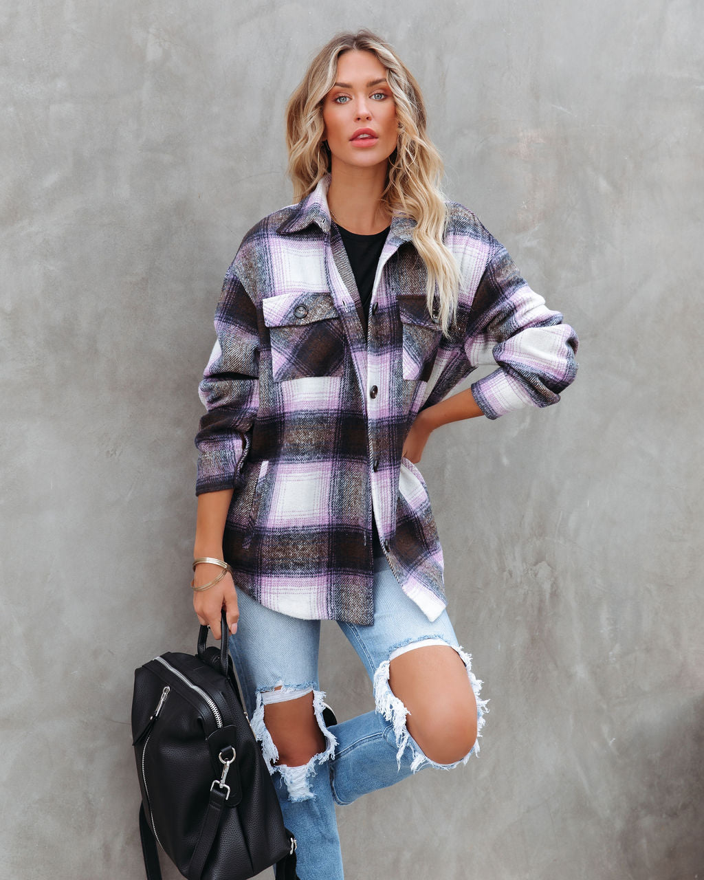 Hometown Pocketed Plaid Shacket - Lavender Ins Street