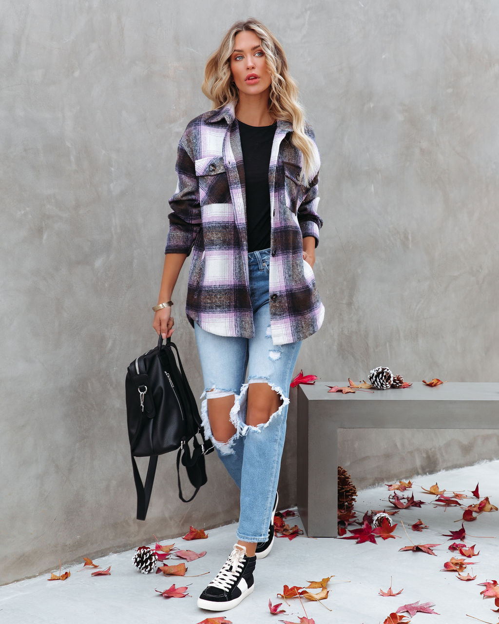 Hometown Pocketed Plaid Shacket - Lavender Ins Street