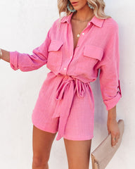 Hotel California Cotton Button Down Utility Romper - Pink Ins Street