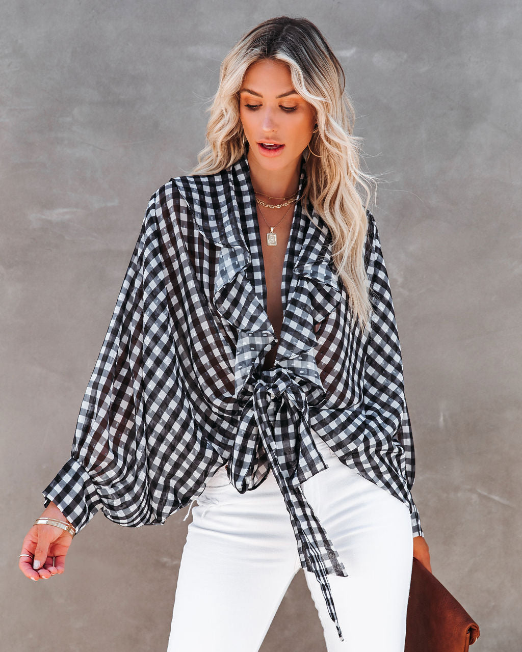 Huntsville Gingham Ruffle Tie Blouse Ins Street