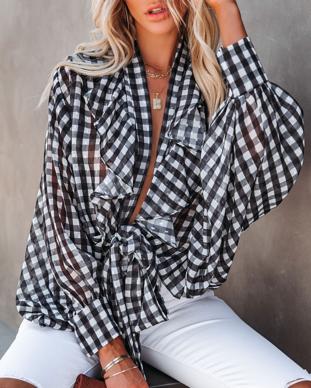 Huntsville Gingham Ruffle Tie Blouse Ins Street