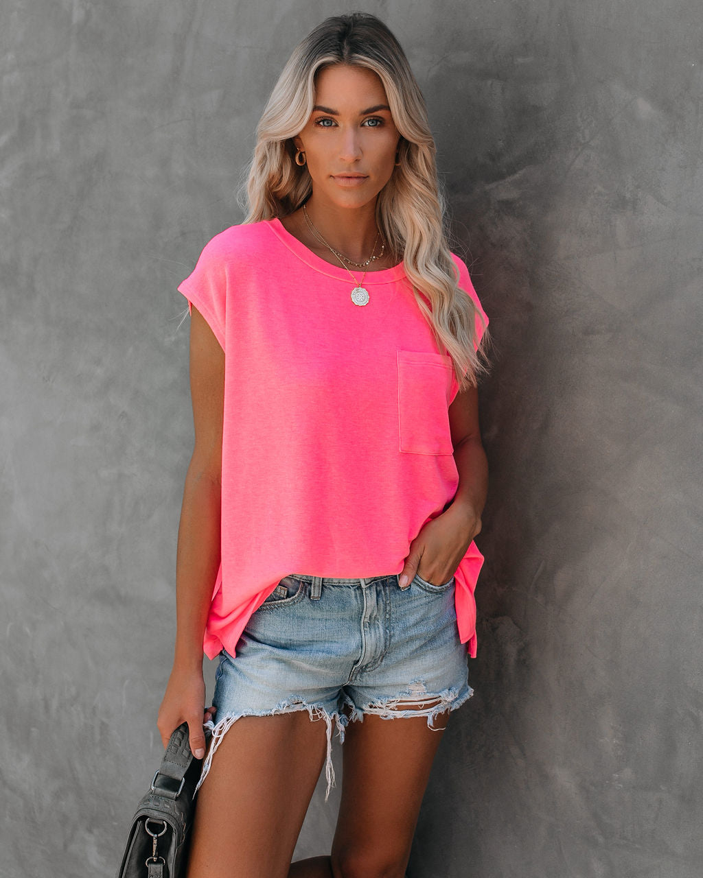 Hypnotic Knit Pocket Tee - Neon Pink Ins Street