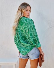 In Luck Printed Button Down Blouse - Green Ins Street