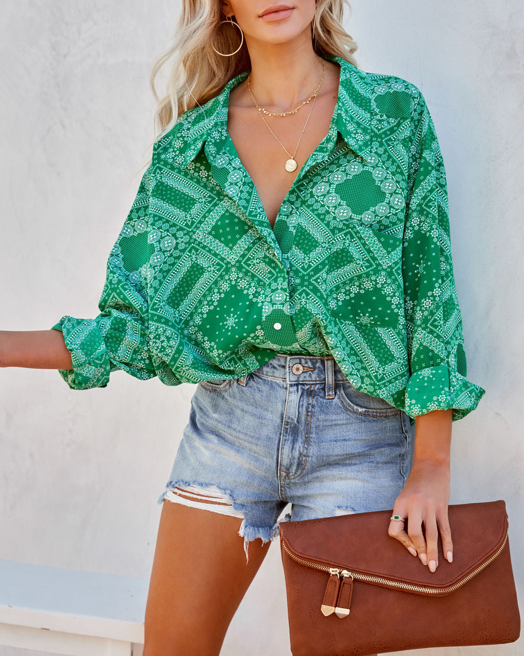 In Luck Printed Button Down Blouse - Green Ins Street