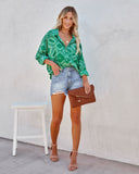 In Luck Printed Button Down Blouse - Green Ins Street