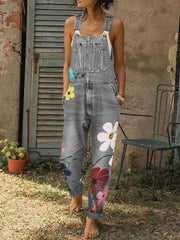 Printed Sling Pockets Denim Jumpsuit Ins Street