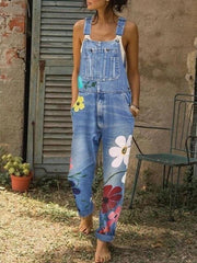 Printed Sling Pockets Denim Jumpsuit Ins Street