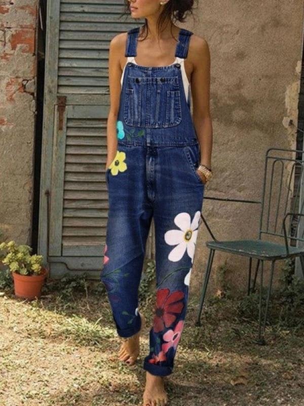 Printed Sling Pockets Denim Jumpsuit Ins Street