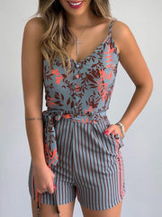 V-Neck Sling Leaf Print Lace-Up Jumpsuit Ins Street