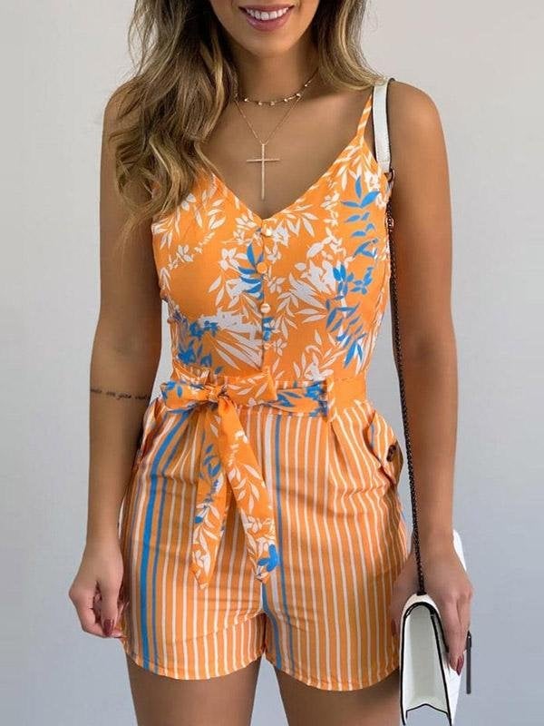 V-Neck Sling Leaf Print Lace-Up Jumpsuit Ins Street