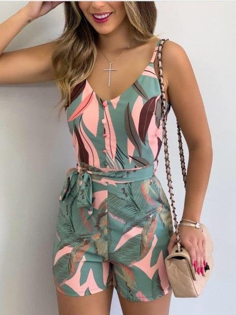 V-Neck Sling Leaf Print Lace-Up Jumpsuit Ins Street