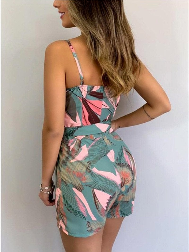 V-Neck Sling Leaf Print Lace-Up Jumpsuit Ins Street