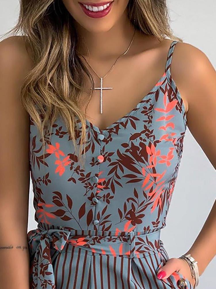 V-Neck Sling Leaf Print Lace-Up Jumpsuit Ins Street