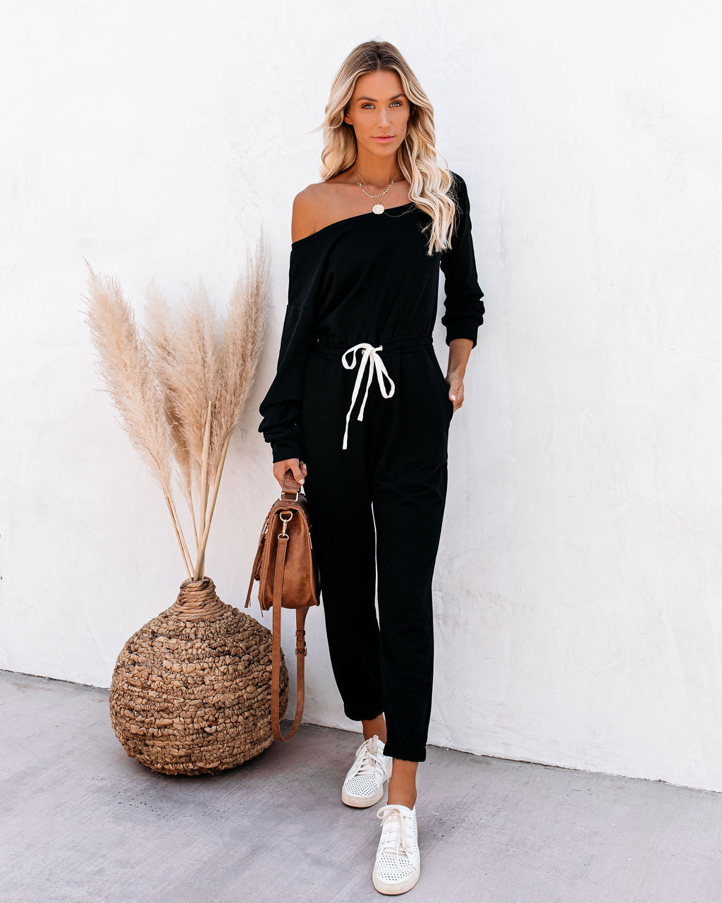 Involved Pocketed Off The Shoulder Knit Jumpsuit - Black Ins Street