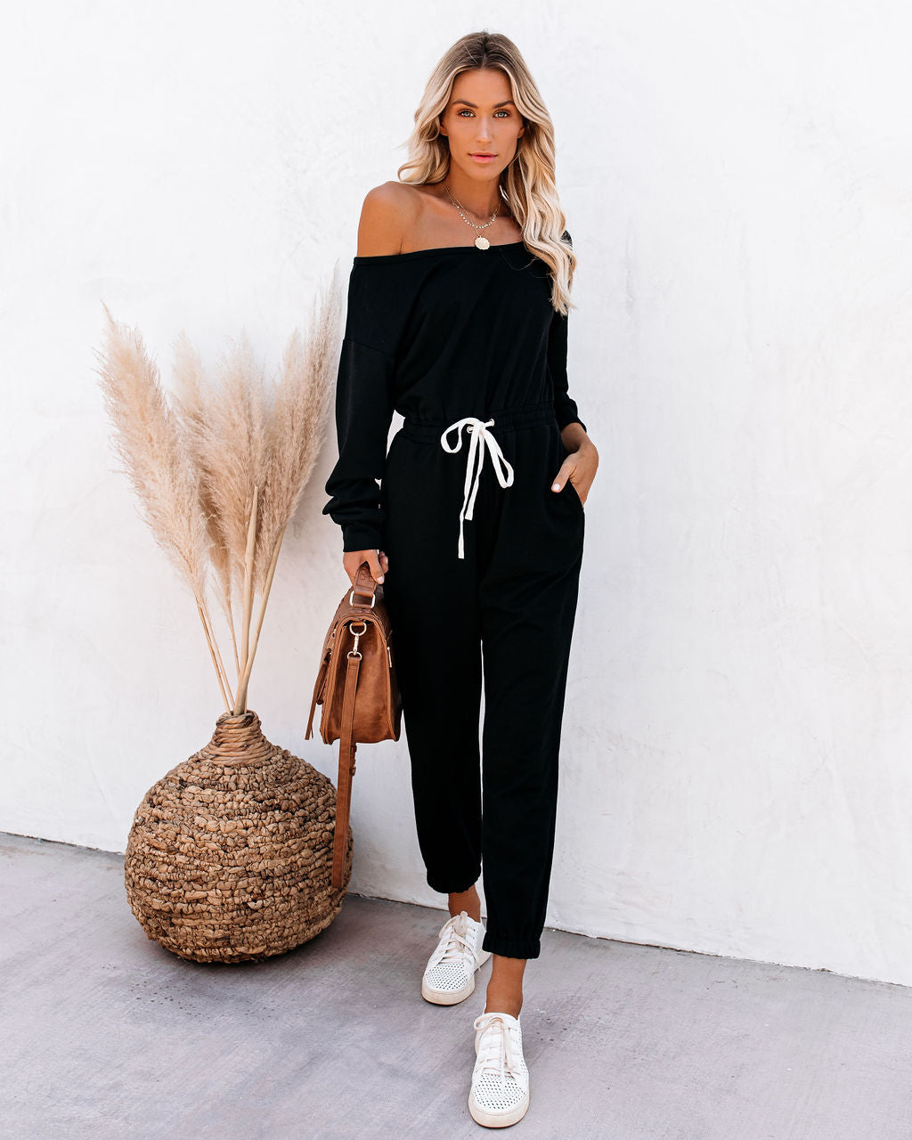 Involved Pocketed Off The Shoulder Knit Jumpsuit - Black Ins Street