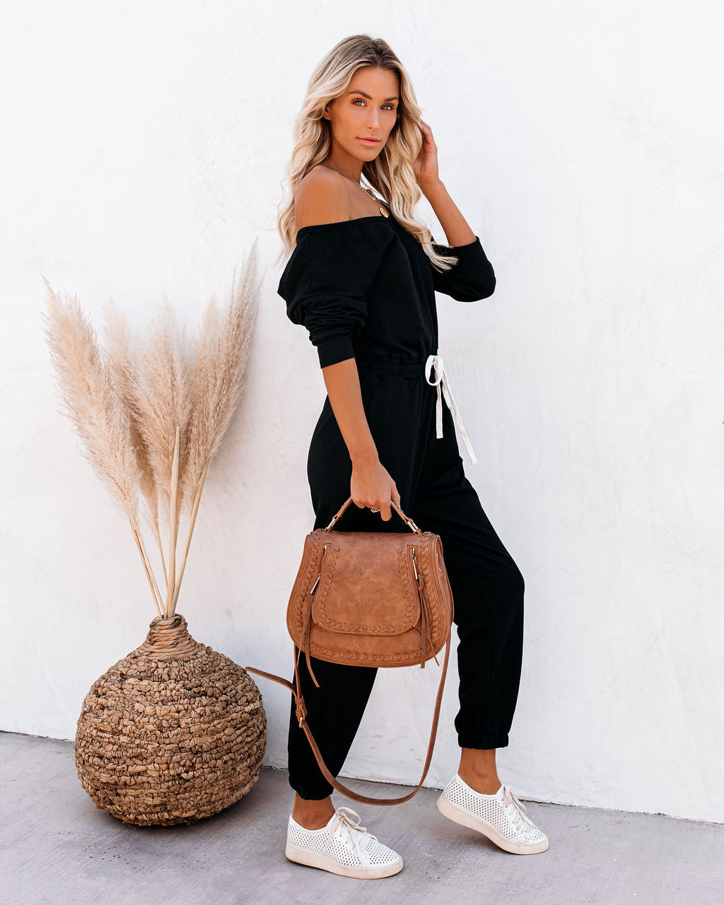 Involved Pocketed Off The Shoulder Knit Jumpsuit - Black Ins Street