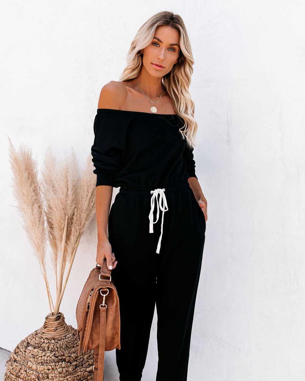 Involved Pocketed Off The Shoulder Knit Jumpsuit - Black Ins Street