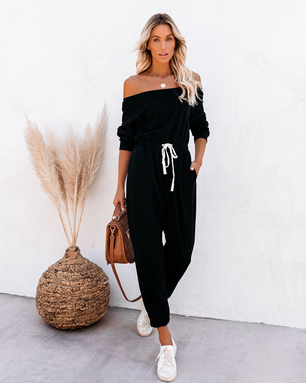 Involved Pocketed Off The Shoulder Knit Jumpsuit - Black Ins Street