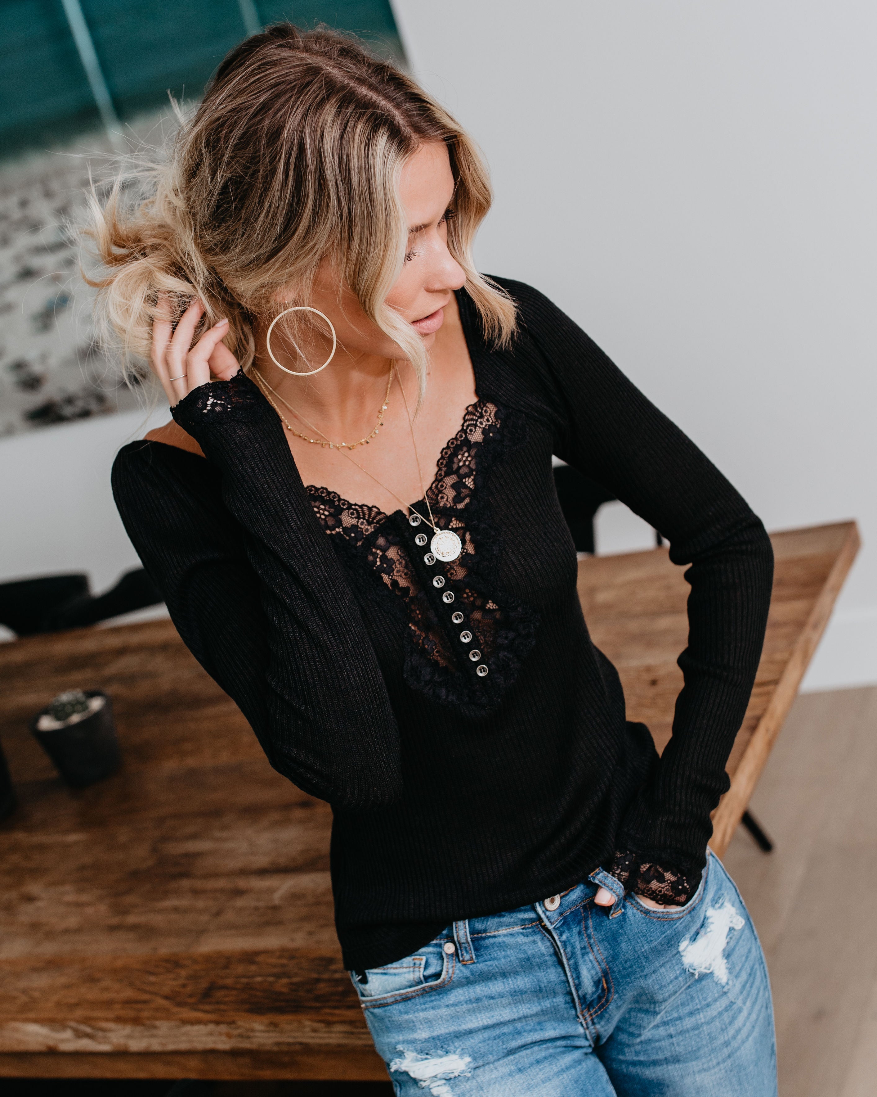 Isn'T It Romantic Lace Henley Top - Black Ins Street