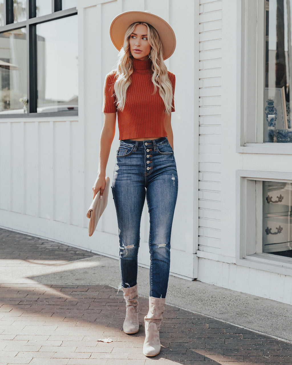 Janice Ribbed Crop Turtleneck Top - Terracotta - FINAL SALE Ins Street