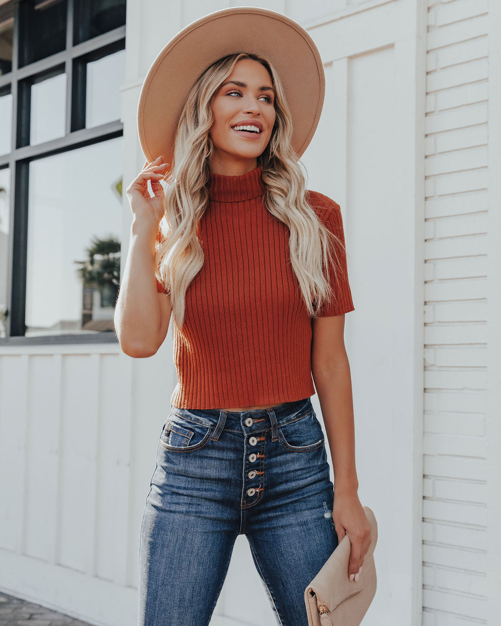 Janice Ribbed Crop Turtleneck Top - Terracotta - FINAL SALE Ins Street