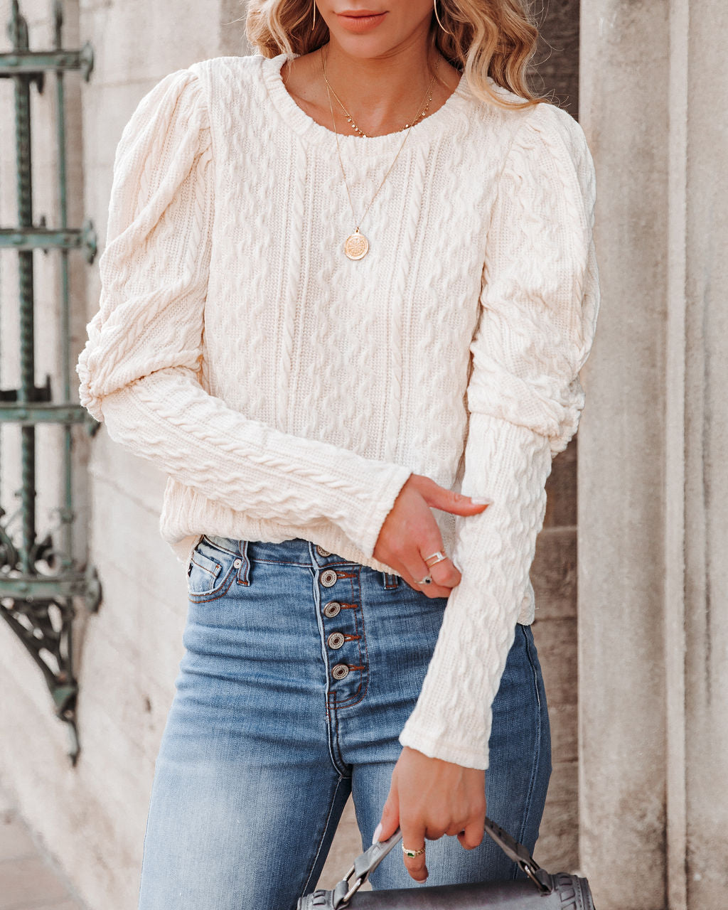 Jennah Puff Sleeve Cable Knit Top - Cream - FINAL SALE Ins Street