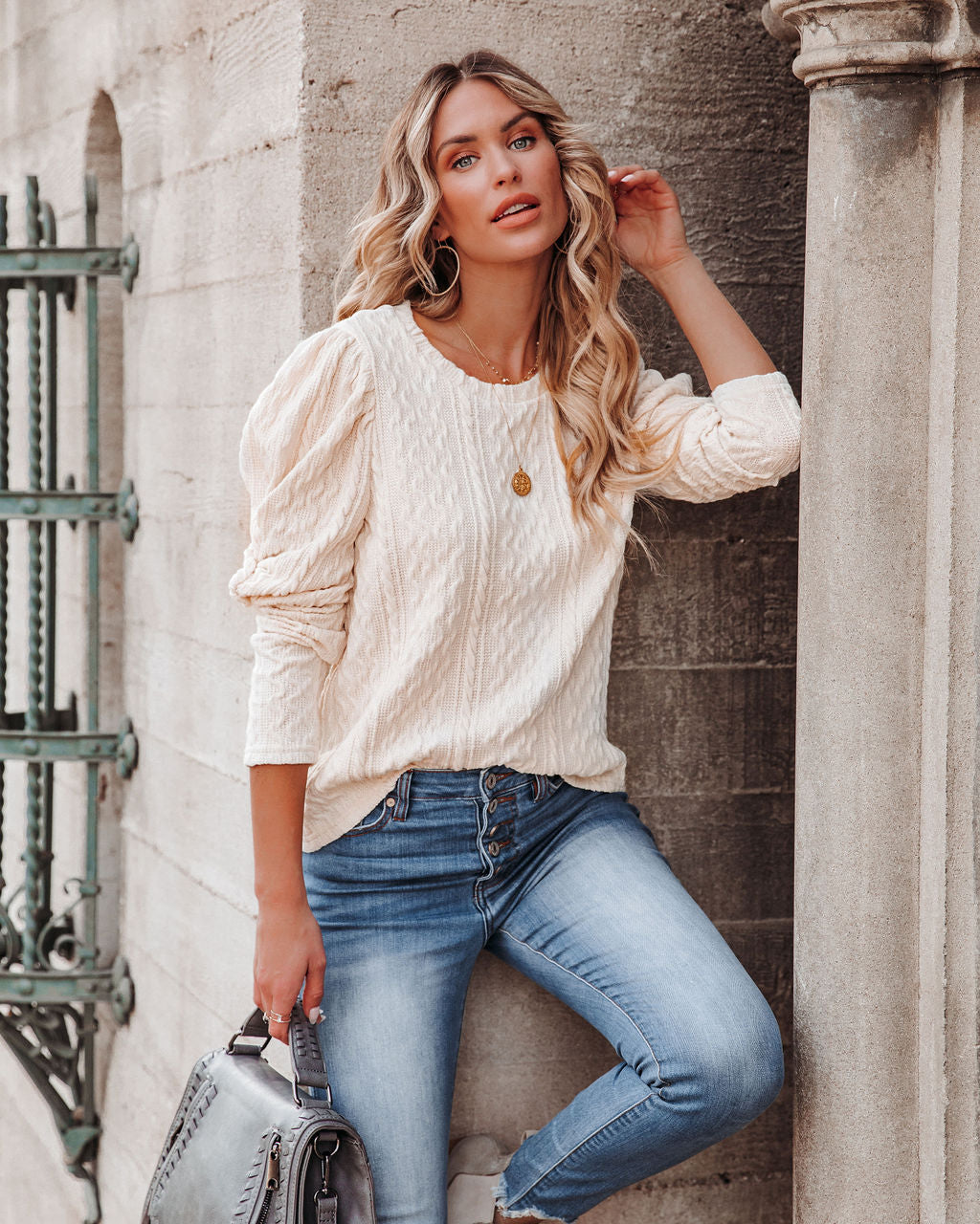 Jennah Puff Sleeve Cable Knit Top - Cream - FINAL SALE Ins Street