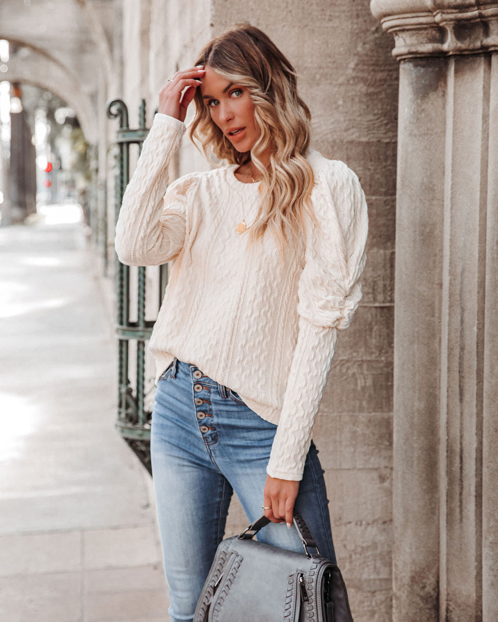 Jennah Puff Sleeve Cable Knit Top - Cream - FINAL SALE Ins Street