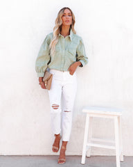 Jiana Distressed Denim Button Down Top - Seafoam Ins Street