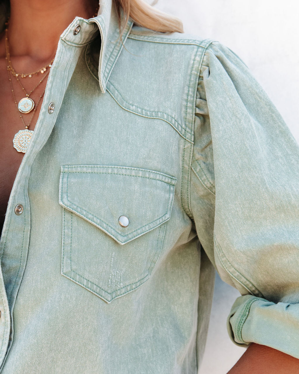 Jiana Distressed Denim Button Down Top - Seafoam Ins Street