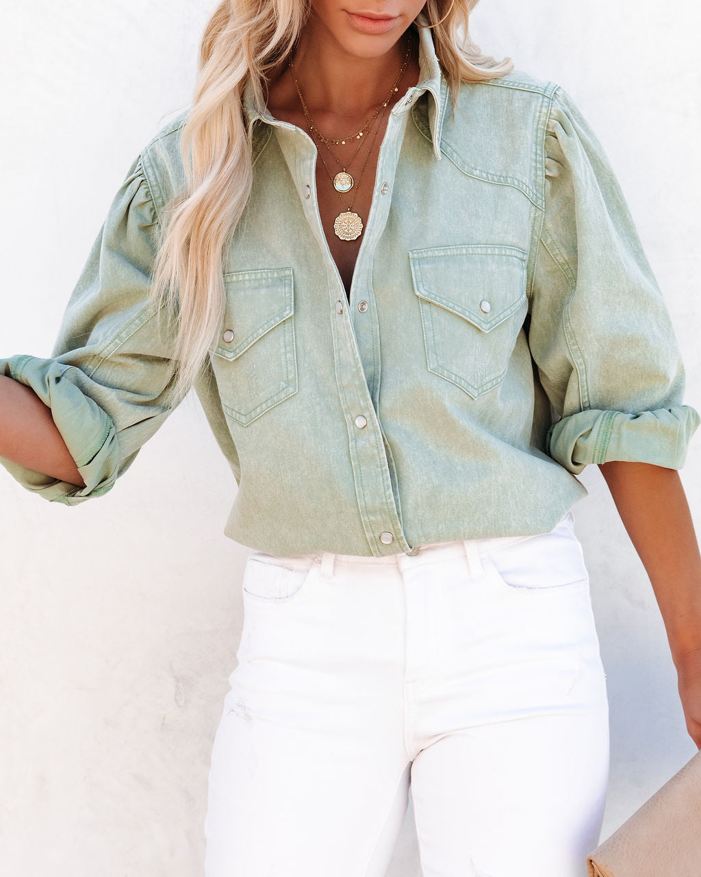 Jiana Distressed Denim Button Down Top - Seafoam Ins Street