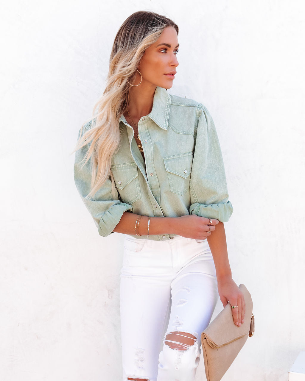 Jiana Distressed Denim Button Down Top - Seafoam Ins Street