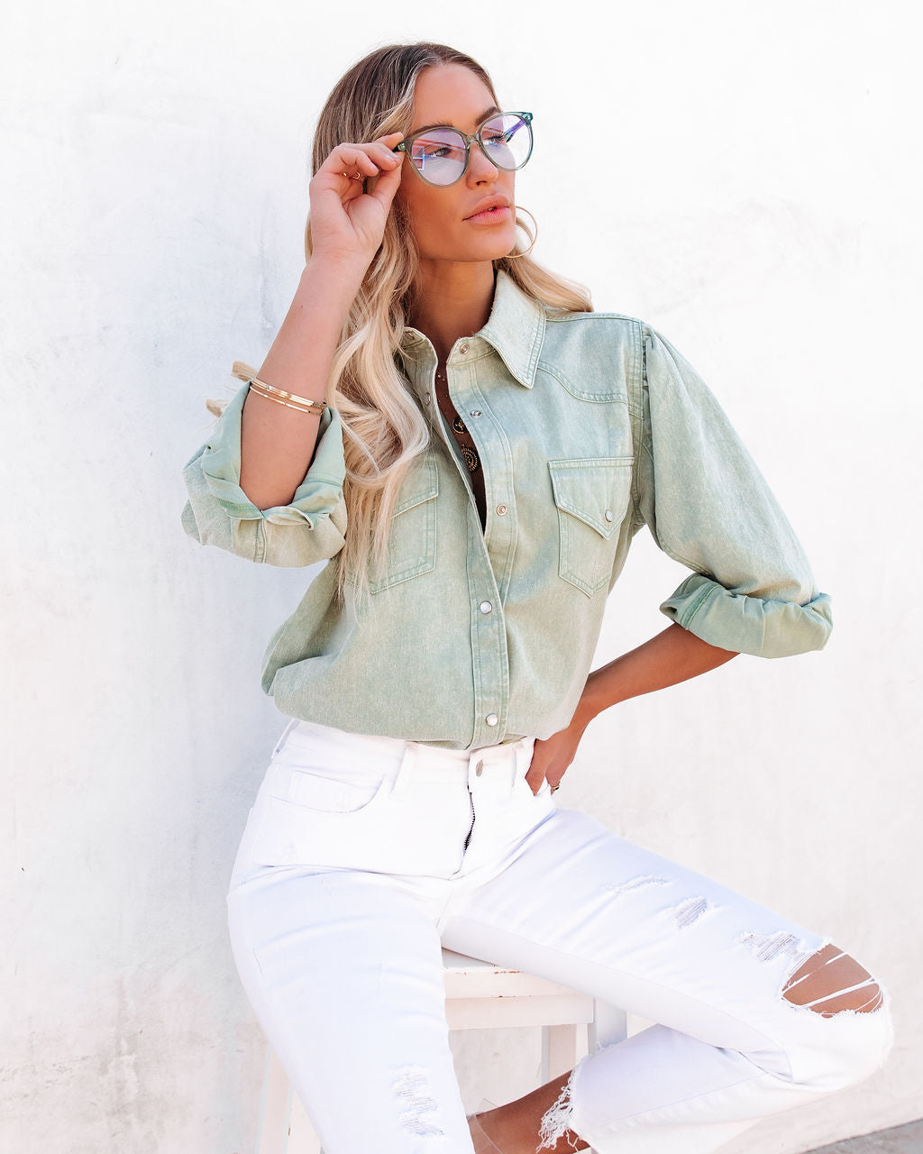 Jiana Distressed Denim Button Down Top - Seafoam Ins Street