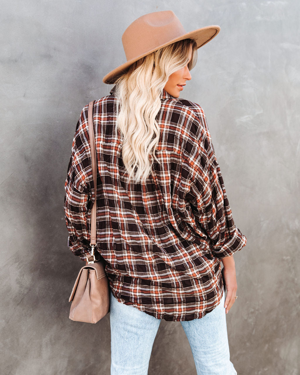 Journee Cotton Plaid Button Down Top - Brown Ins Street